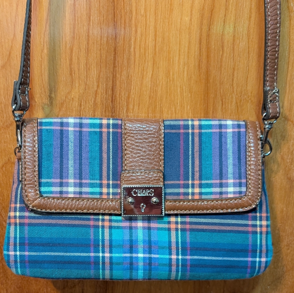 Chaps Blue Plaid Slim Crossbody Bag With Leather Trim